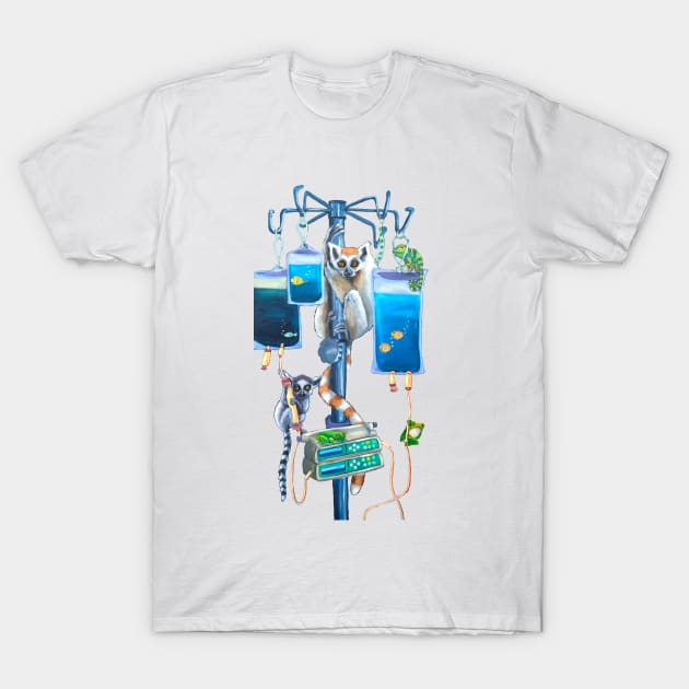 Two lemurs on an IV Pole T-Shirt by Julie Ann Accornero